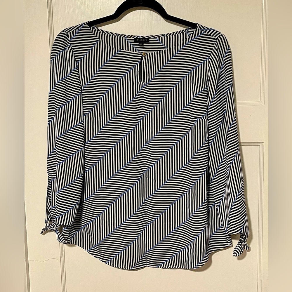 EUC Talbots Black and White Tie-Sleeve Blouse Small